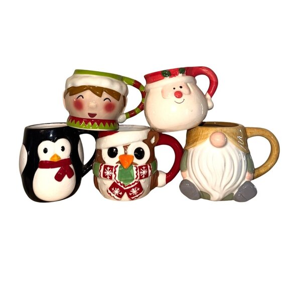 Set Of 5 Royal Norfolk Christmas Mugs: Penguin Owl Gnome Santa & Elf - Picture 1 of 11
